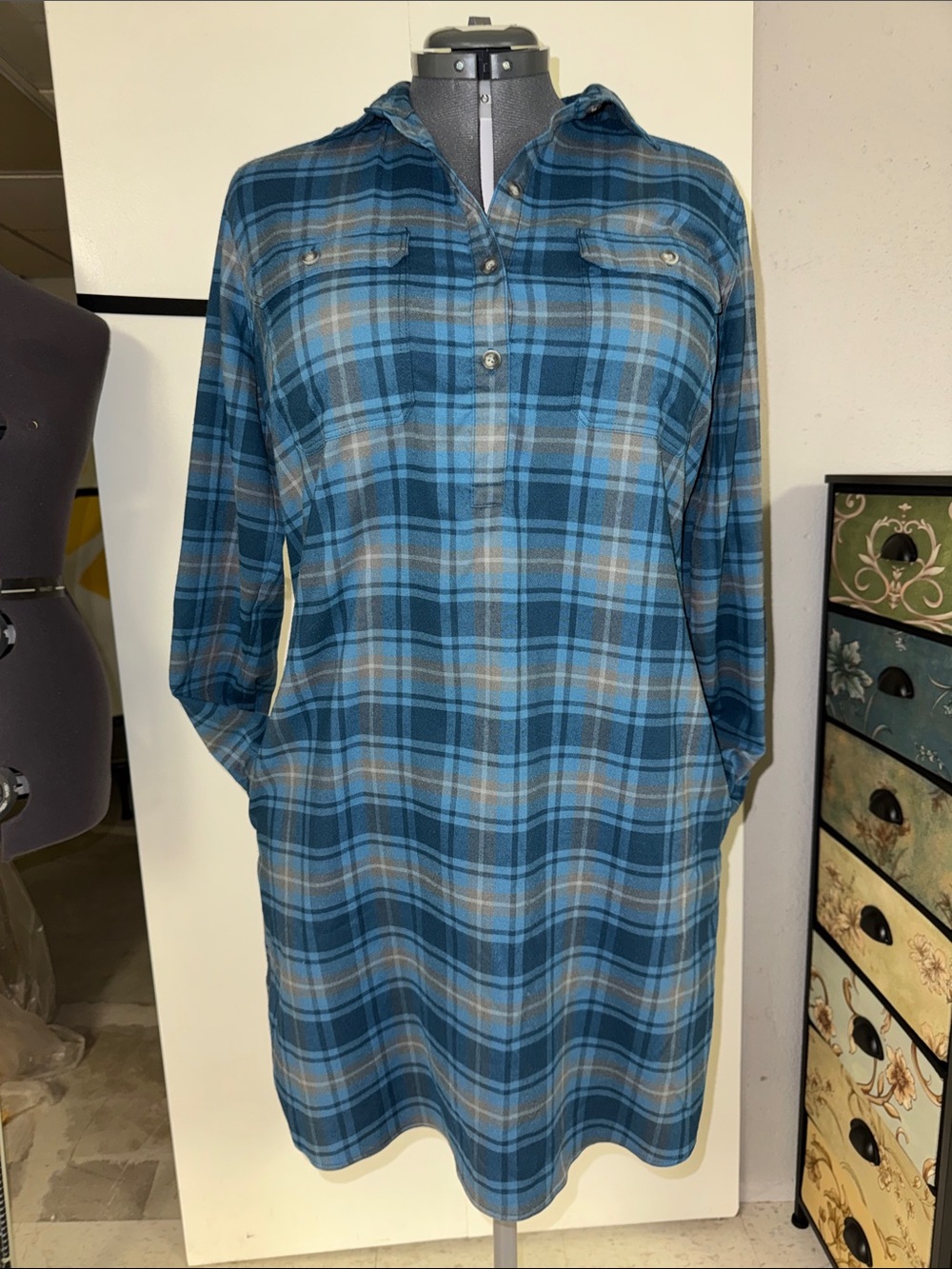 Eddie Bauer Blue Plaid Long-Sleeve Flannel Shirt Dress